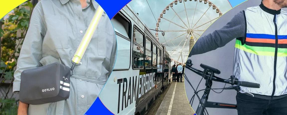 Sacoche réfléchissante GOFLUO, tram gastronomique Tram Experience et gilet réfléchissant GOFLUO